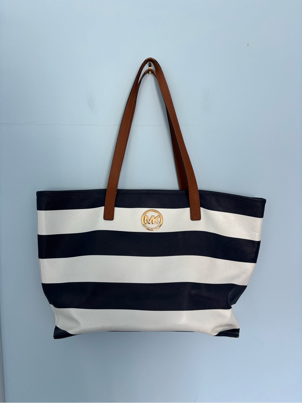 Michael Kors Navy and White Striped Leather Tote with Brown Handles